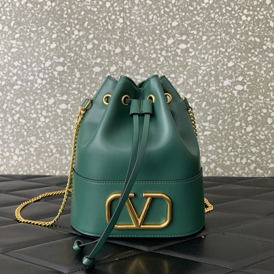 Valentino Garavani VLogo Signature Mini Bucket Bag in Dark Green Nappa Leather 